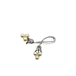 Antique Mikimoto Nouveau Spray Leaf Japanese Cultured Saltwater Akoya Pearl Trombone Brooch- Sterling Silver