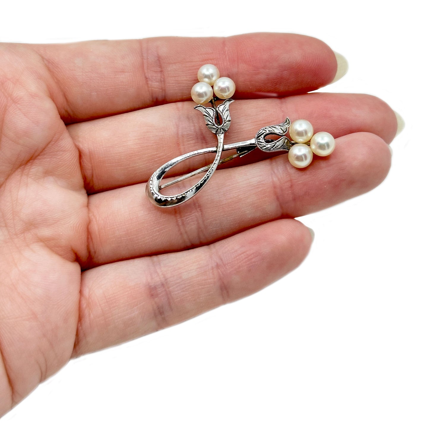 Antique Mikimoto Nouveau Spray Leaf Japanese Cultured Saltwater Akoya Pearl Trombone Brooch- Sterling Silver