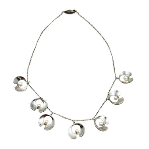 Art Nouveau Engraved Japanese Cultured Akoya Pearl Modernist Pendant Necklace- Sterling Silver 15.50 Inch