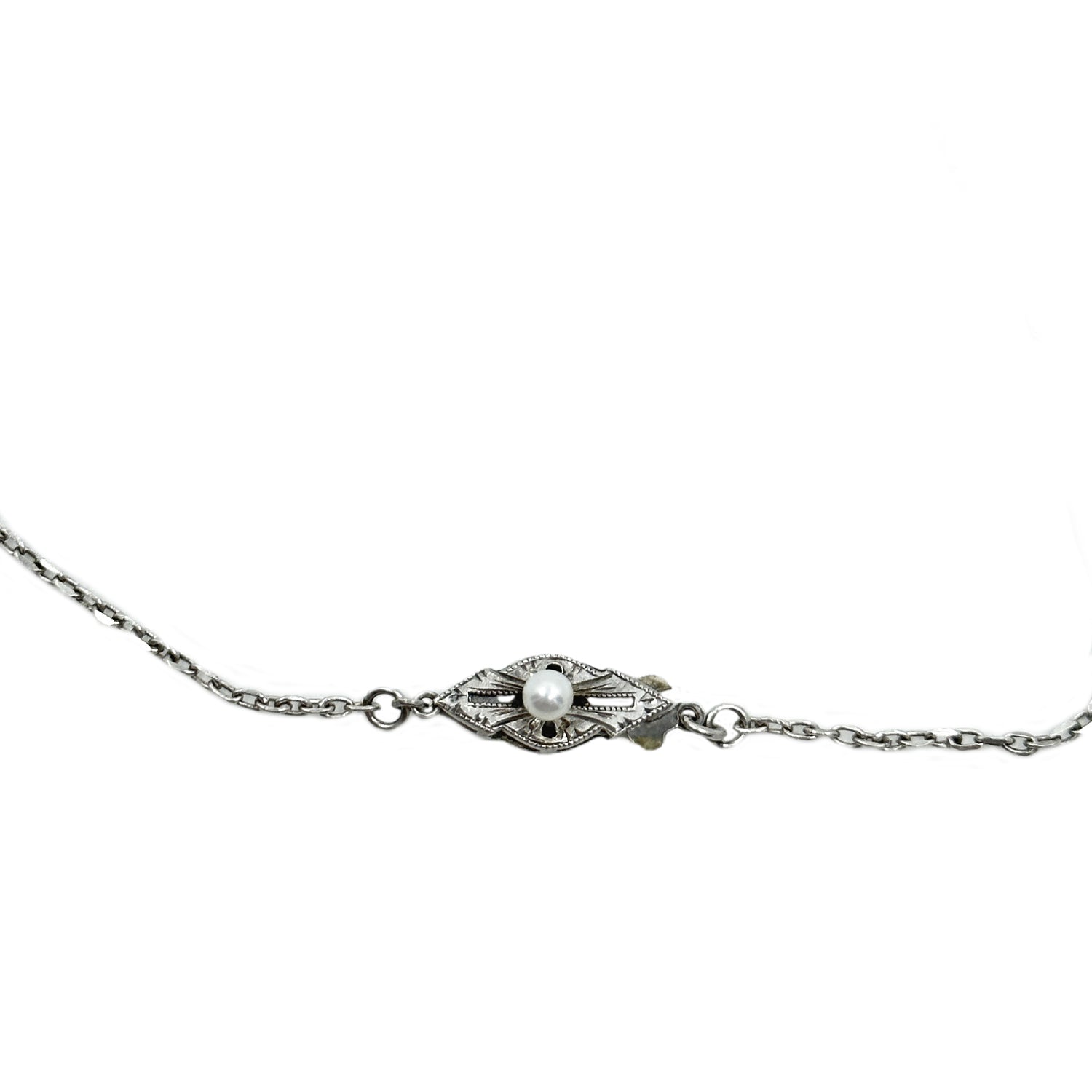 Art Nouveau Engraved Japanese Cultured Akoya Pearl Modernist Pendant Necklace- Sterling Silver 15.50 Inch
