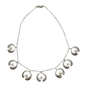 Art Nouveau Engraved Japanese Cultured Akoya Pearl Modernist Pendant Necklace- Sterling Silver 15.50 Inch