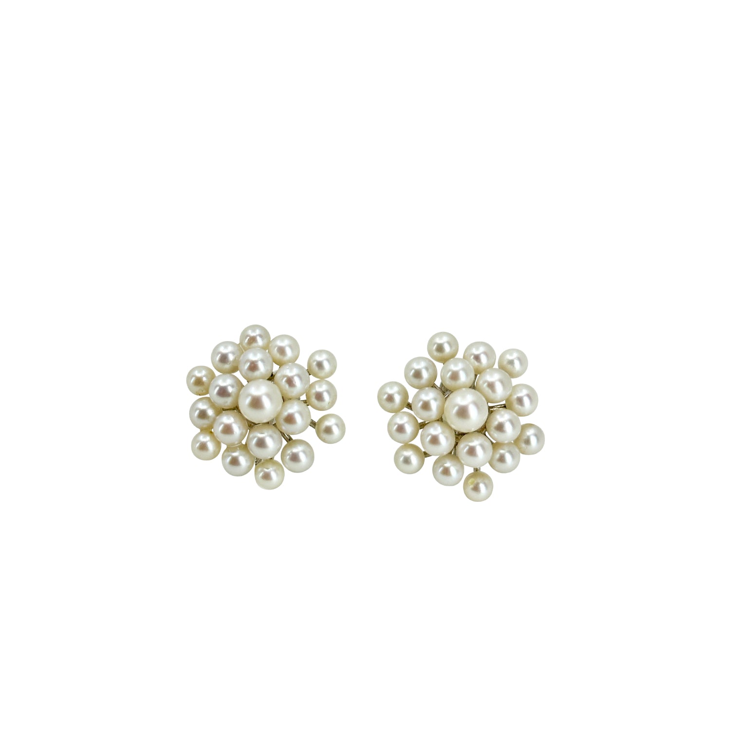 Modernist Snowflake Cluster Akoya Saltwater Cultured Pearl Vintage Screwback Earrings- Sterling Silver