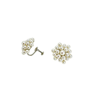 Modernist Snowflake Cluster Akoya Saltwater Cultured Pearl Vintage Screwback Earrings- Sterling Silver