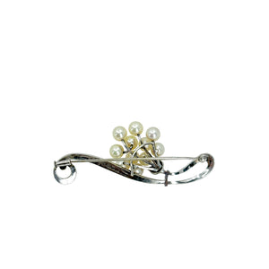Antique Mikimoto Floral Cluster Japanese Cultured Saltwater Akoya Pearl Trombone Brooch- Sterling Silver