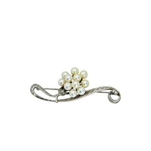 Antique Mikimoto Floral Cluster Japanese Cultured Saltwater Akoya Pearl Trombone Brooch- Sterling Silver