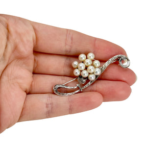 Antique Mikimoto Floral Cluster Japanese Cultured Saltwater Akoya Pearl Trombone Brooch- Sterling Silver