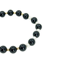 Black Onyx Mid-Century White Akoya Saltwater Cultured Pearl Bracelet- 14K Yellow Gold