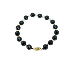 Black Onyx Mid-Century White Akoya Saltwater Cultured Pearl Bracelet- 14K Yellow Gold