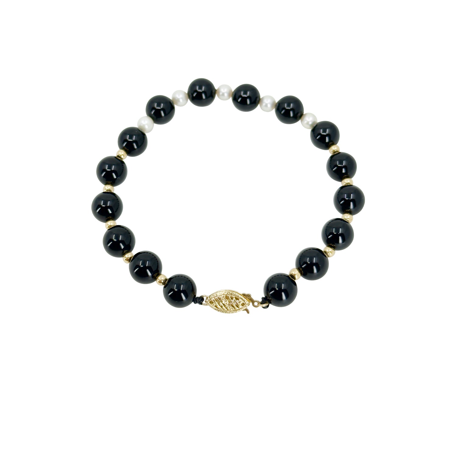 Black Onyx Mid-Century White Akoya Saltwater Cultured Pearl Bracelet- 14K Yellow Gold
