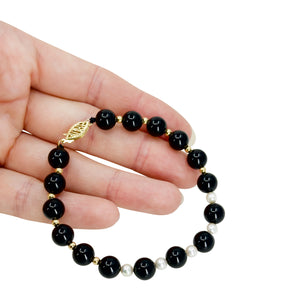Black Onyx Mid-Century White Akoya Saltwater Cultured Pearl Bracelet- 14K Yellow Gold
