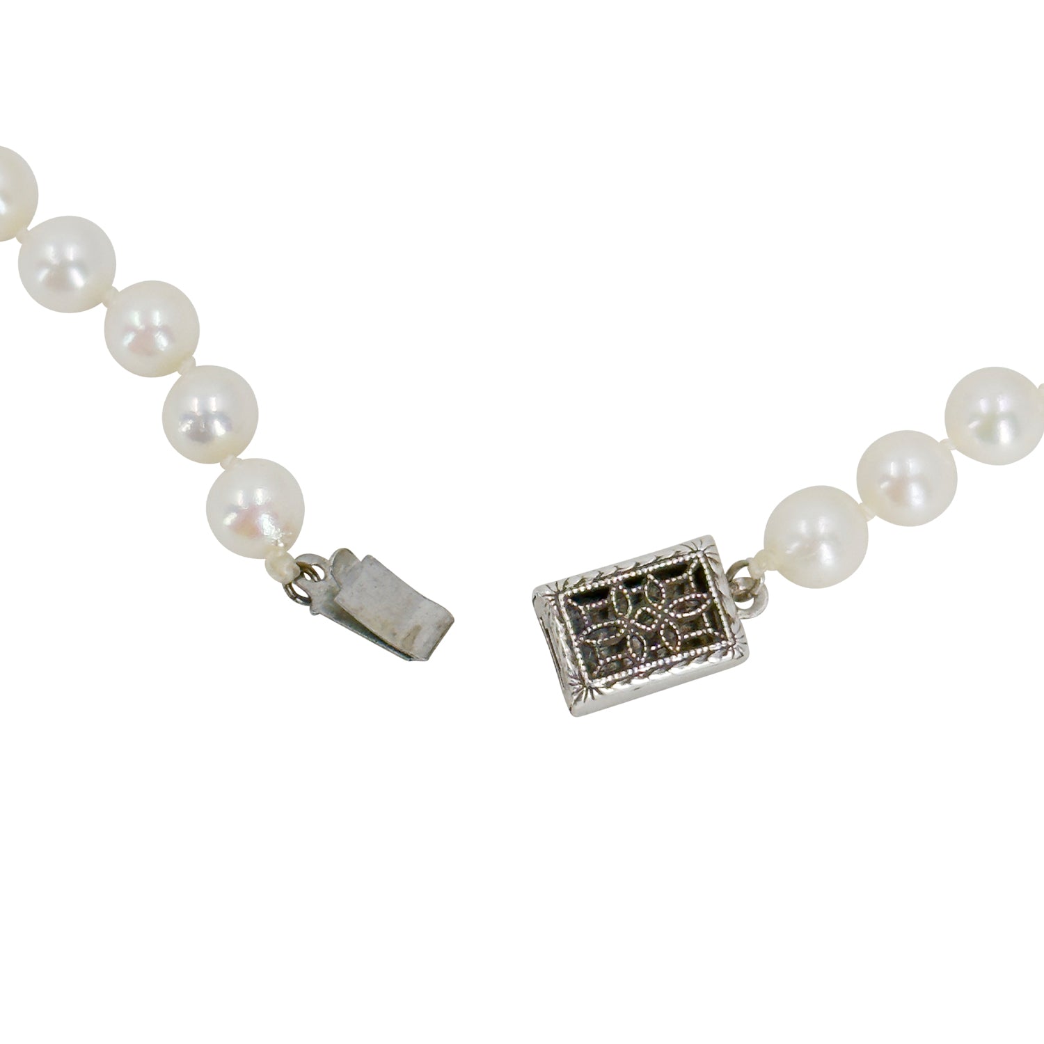 Square Mid-Century Vintage Japanese Saltwater Cultured Akoya Pearl Necklace - Sterling Silver 16.50 Inch