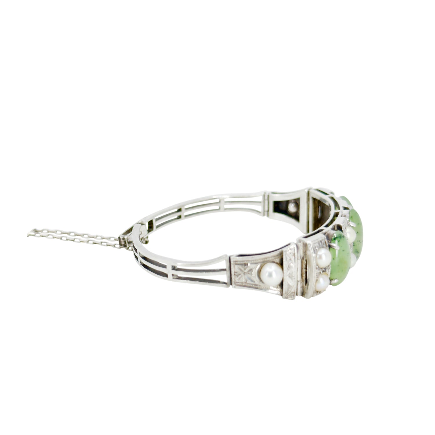 Nephrite Jade Art Deco Engraved Japanese Cultured Akoya Pearl Modernist Pendant Necklace Bracelet Set- Sterling Silver 16 Inch