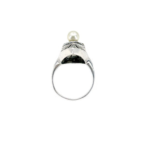 Navette Marcasite Vintage Japanese Saltwater Akoya Cultured Pearl Thai Ring- Sterling Silver Sz 6