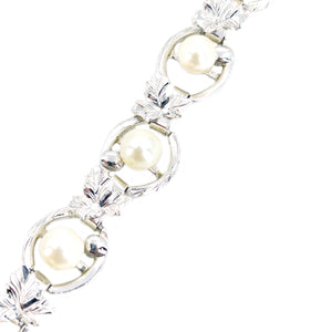 Vintage Grape Leafy Link Japanese Saltwater Akoya Cultured Pearl Engraved Bracelet- Sterling Silver