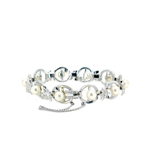 Vintage Grape Leafy Link Japanese Saltwater Akoya Cultured Pearl Engraved Bracelet- Sterling Silver