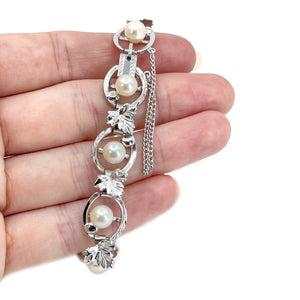 Vintage Grape Leafy Link Japanese Saltwater Akoya Cultured Pearl Engraved Bracelet- Sterling Silver