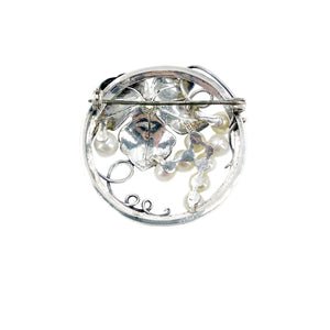 Engraved Grape Wreath Vintage Japanese Saltwater Akoya Pearl Brooch Pin- Sterling Silver