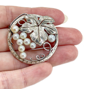Engraved Grape Wreath Vintage Japanese Saltwater Akoya Pearl Brooch Pin- Sterling Silver