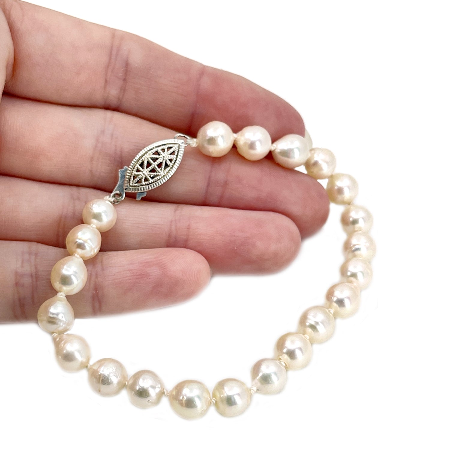Baroque Vintage Filigree Japanese Saltwater Akoya Cultured Pearl Bracelet- Sterling Silver