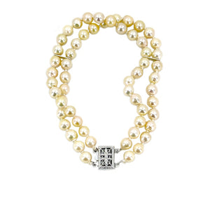 Cream Retro Double Strand Japanese Saltwater Akoya Cultured Pearl Vintage Bracelet- Sterling Silver