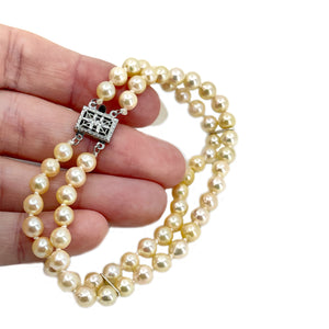 Cream Retro Double Strand Japanese Saltwater Akoya Cultured Pearl Vintage Bracelet- Sterling Silver