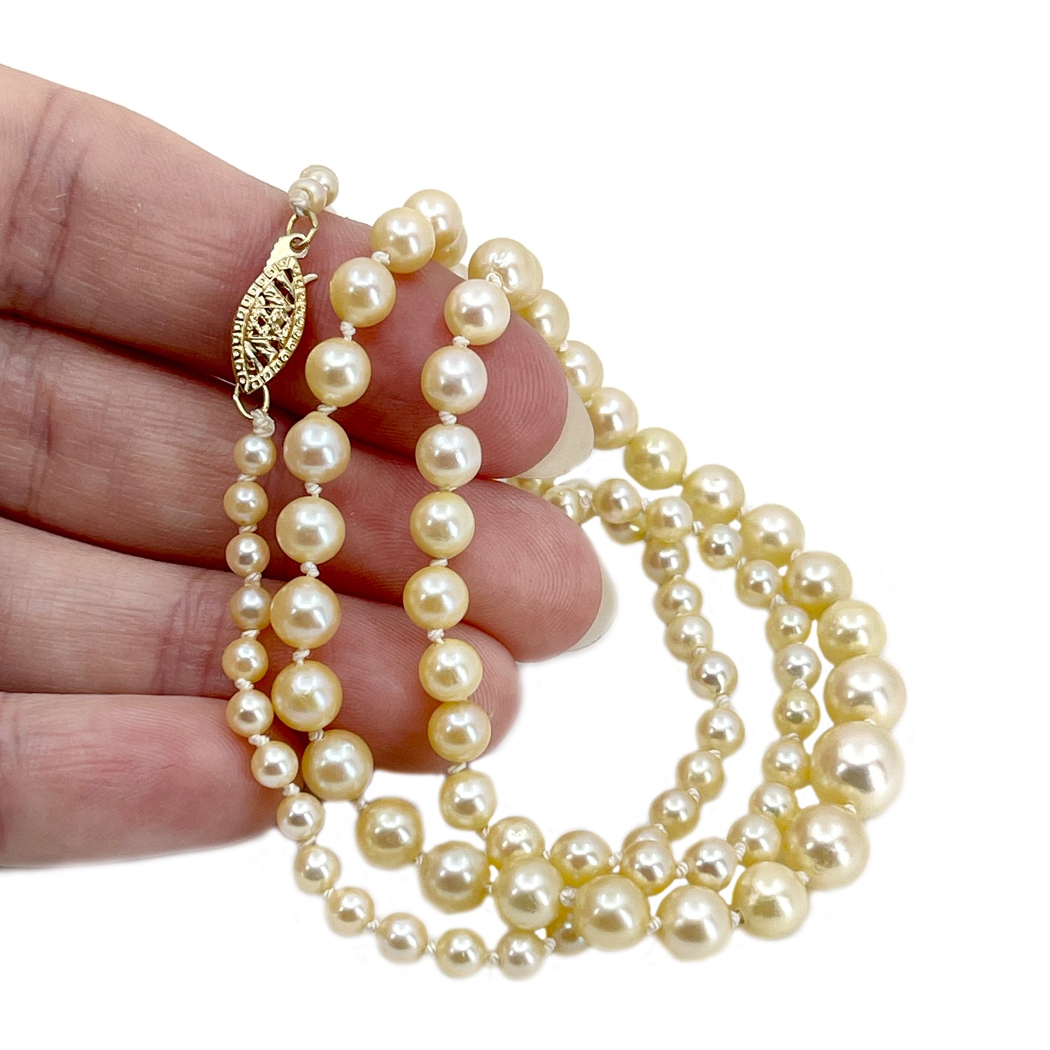 Golden Cream Estate Japanese Cultured Saltwater Akoya Pearl Vintage Necklace - 14K Yellow Gold 21 Inch