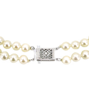 Vintage Double Strand Choker Filigree Japanese Saltwater Cultured Akoya Pearl Necklace - 14K White Gold 15.50 & 16.75 Inch