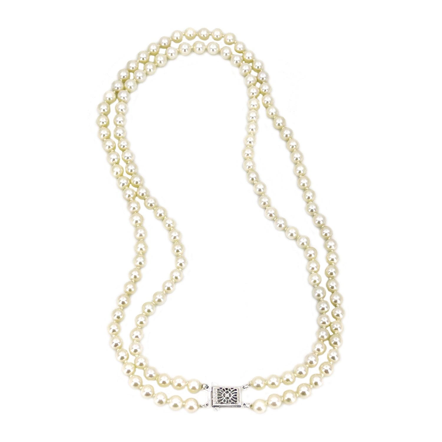 Vintage Double Strand Choker Filigree Japanese Saltwater Cultured Akoya Pearl Necklace - 14K White Gold 15.50 & 16.75 Inch