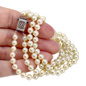 Vintage Double Strand Choker Filigree Japanese Saltwater Cultured Akoya Pearl Necklace - 14K White Gold 15.50 & 16.75 Inch
