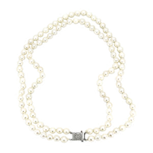 Choker Double Strand Vintage Japanese Saltwater Cultured Akoya Pearl Necklace - 14K White Gold 15.25 & 16.75 Inch