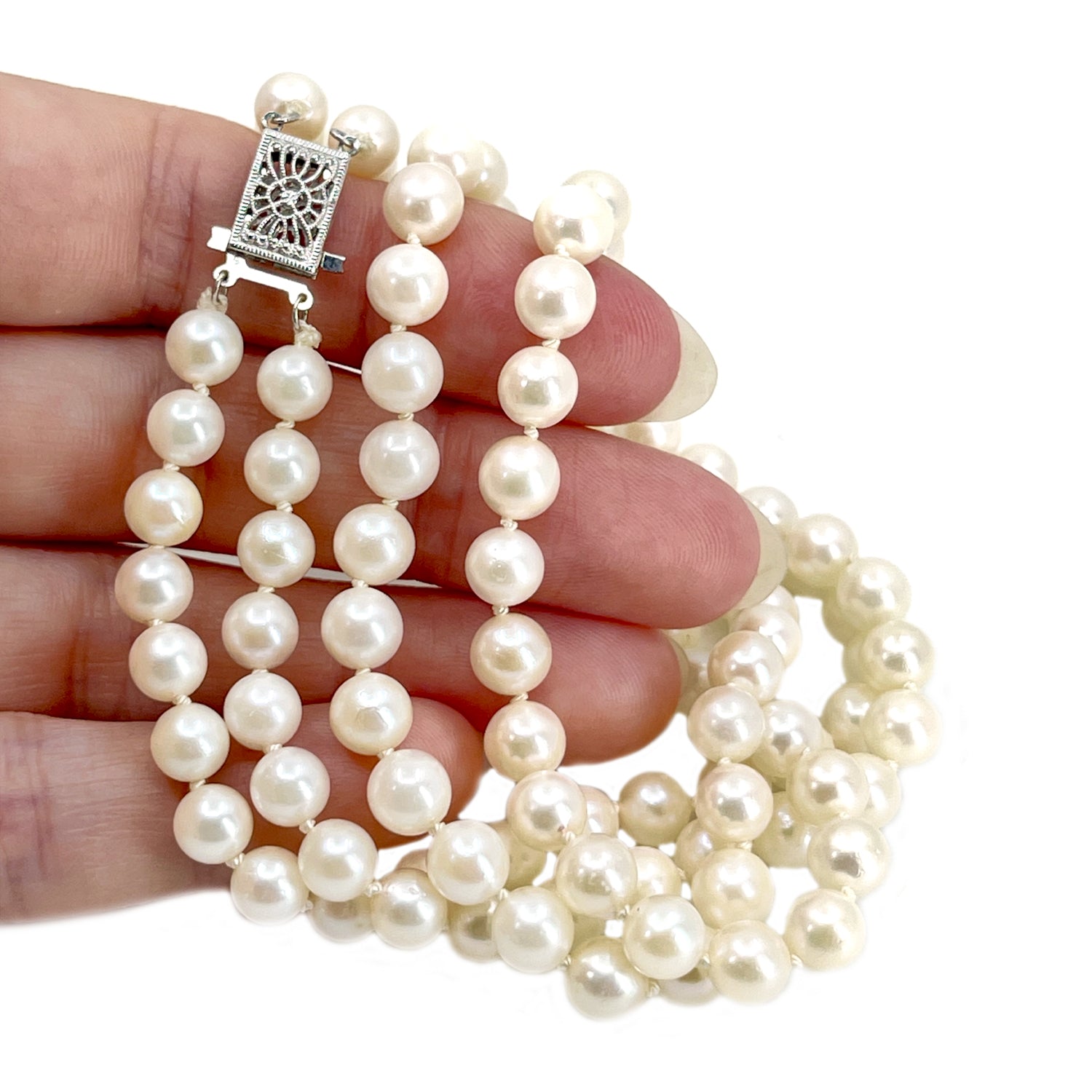 Choker Double Strand Vintage Japanese Saltwater Cultured Akoya Pearl Necklace - 14K White Gold 15.25 & 16.75 Inch