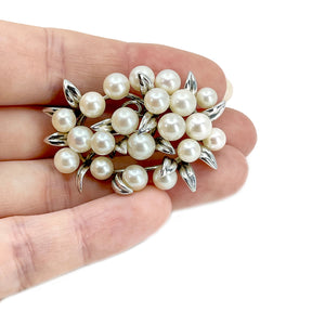Cluster Vintage Mid Century Japanese Saltwater Akoya Cultured Pearl Brooch- Sterling Silver