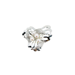 Modernist Brushed Mid Century Japanese Saltwater Akoya Cultured Pearl Vintage Brooch- Sterling Silver