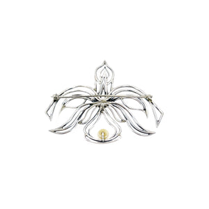 Orchid Flower Handmade Japanese Saltwater Akoya Cultured Pearl Vintage Brooch- Sterling Silver