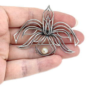Orchid Flower Handmade Japanese Saltwater Akoya Cultured Pearl Vintage Brooch- Sterling Silver