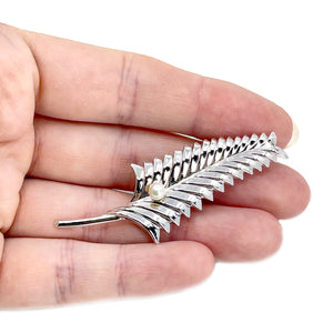 De Curtis Designer Vintage Japanese Saltwater Cultured Akoya Pearl Palm Leaf Brooch- Sterling Silver