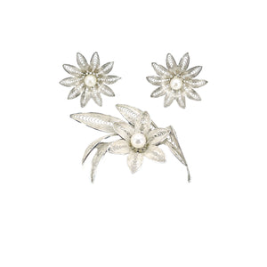 Retro Filigree Flower Japanese Saltwater Akoya Pearl Vintage Earrings & Brooch Set- Sterling Silver