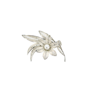 Retro Filigree Flower Japanese Saltwater Akoya Pearl Vintage Earrings & Brooch Set- Sterling Silver
