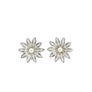 Retro Filigree Flower Japanese Saltwater Akoya Pearl Vintage Earrings & Brooch Set- Sterling Silver