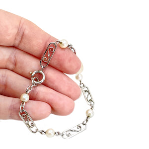 Van Dell Retro Boho Vintage Japanese Saltwater Akoya Cultured Pearl Bracelet- Sterling Silver