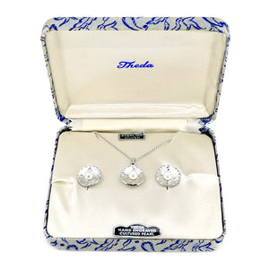 Theda Engraved Vintage Japanese Saltwater Akoya Pearl Pendant & Screwback Earrings Set- Sterling Silver