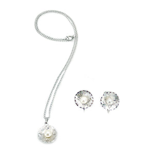 Theda Engraved Vintage Japanese Saltwater Akoya Pearl Pendant & Screwback Earrings Set- Sterling Silver