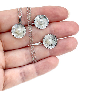 Theda Engraved Vintage Japanese Saltwater Akoya Pearl Pendant & Screwback Earrings Set- Sterling Silver
