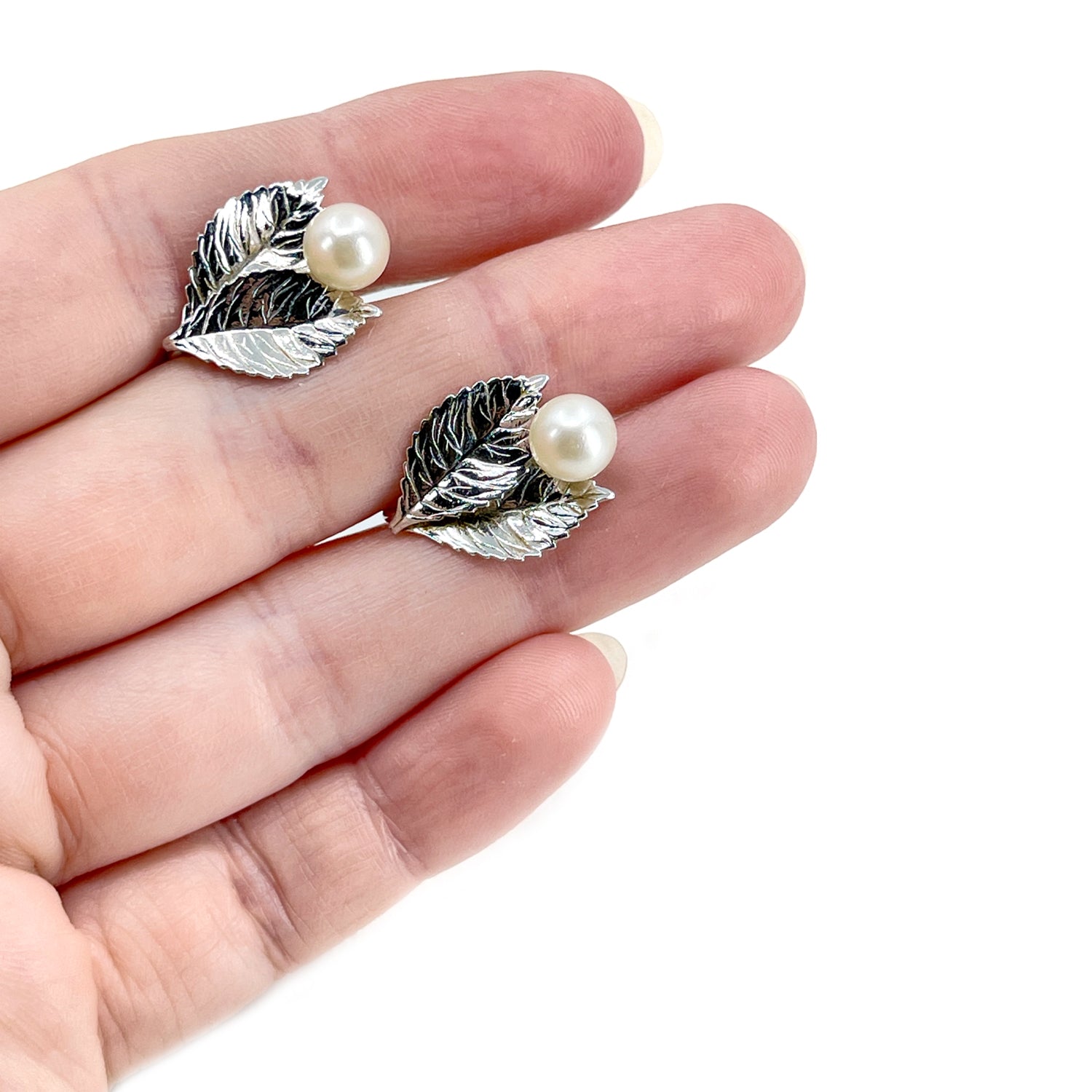Van Dell Designer Akoya Saltwater Cultured Pearl Vintage Leaf Screwback Earrings- Sterling Silver