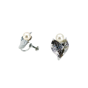 Van Dell Designer Akoya Saltwater Cultured Pearl Vintage Leaf Screwback Earrings- Sterling Silver
