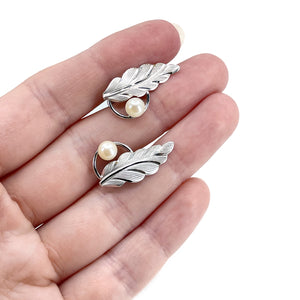 Vintage Designer Curtis Creations Akoya Saltwater Cultured Pearl Leaf Screwback Earrings- Sterling Silver