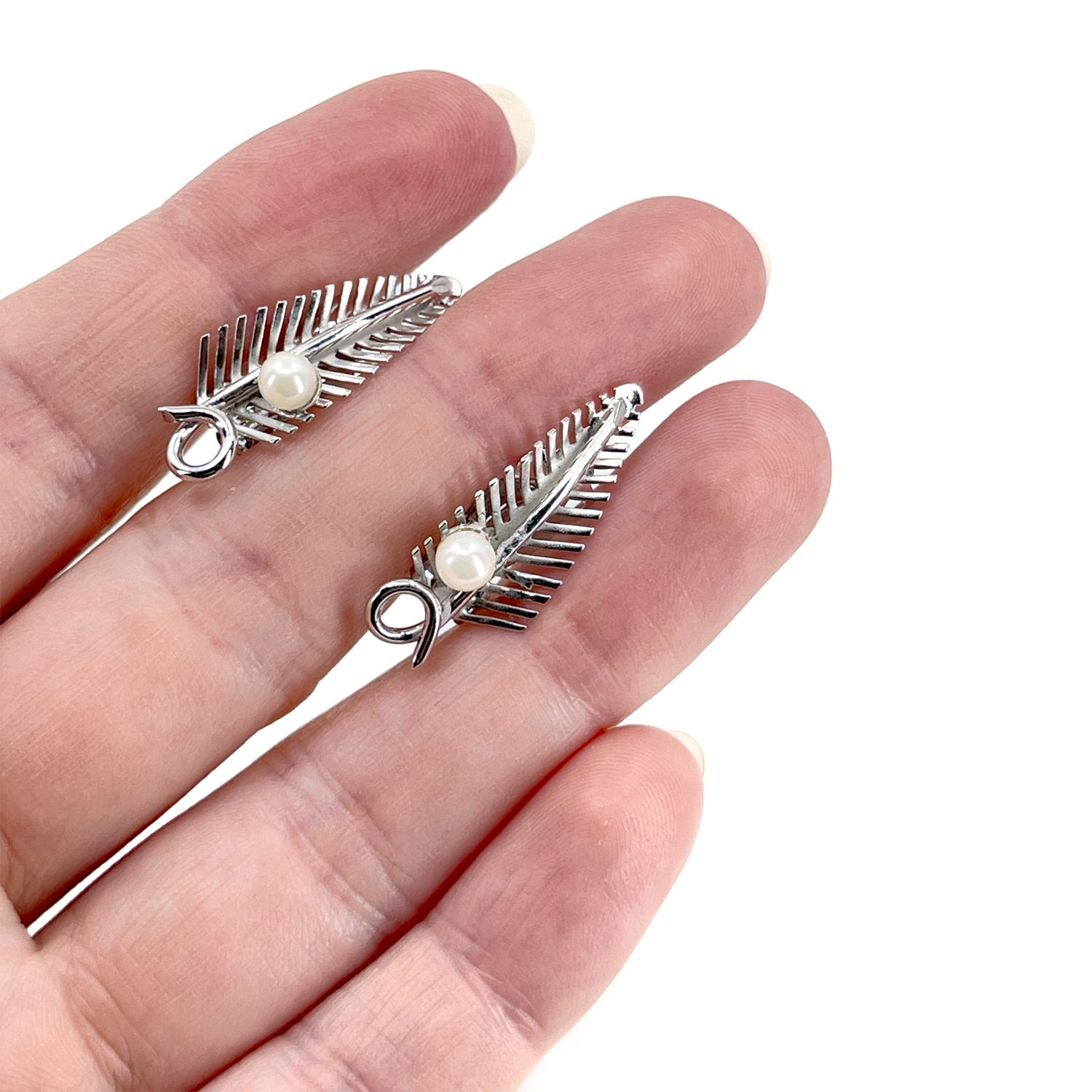 Palm Leaf Vintage Boho Akoya Saltwater Cultured Pearl Clip Earrings- Sterling Silver