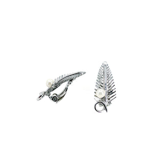 Palm Leaf Vintage Boho Akoya Saltwater Cultured Pearl Clip Earrings- Sterling Silver