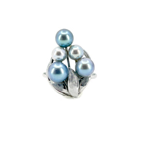 Cluster Leaf Blue Japanese Saltwater Akoya Cultured Pearl Vintage Ring- Sterling Silver Adjustable