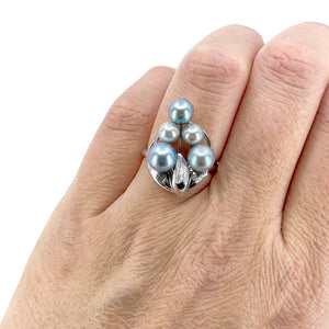Cluster Leaf Blue Japanese Saltwater Akoya Cultured Pearl Vintage Ring- Sterling Silver Adjustable
